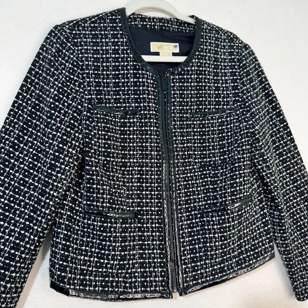 Michael Kors Black White Wool Tweed Blazer Jacket Patent Leather Trim Petite 12